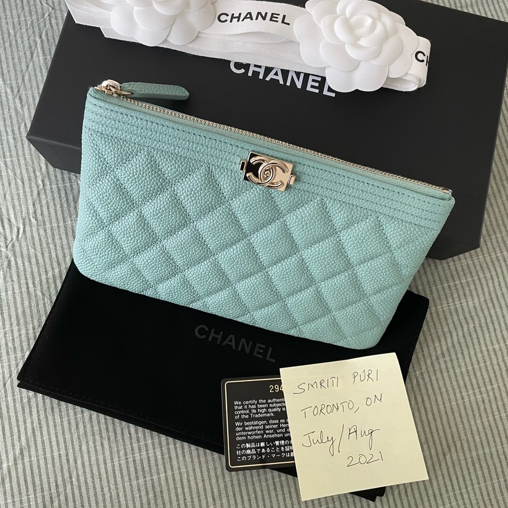 CHANEL Quilted Caviar Leather Zip Pouch in Mint Green with Gold Hardware